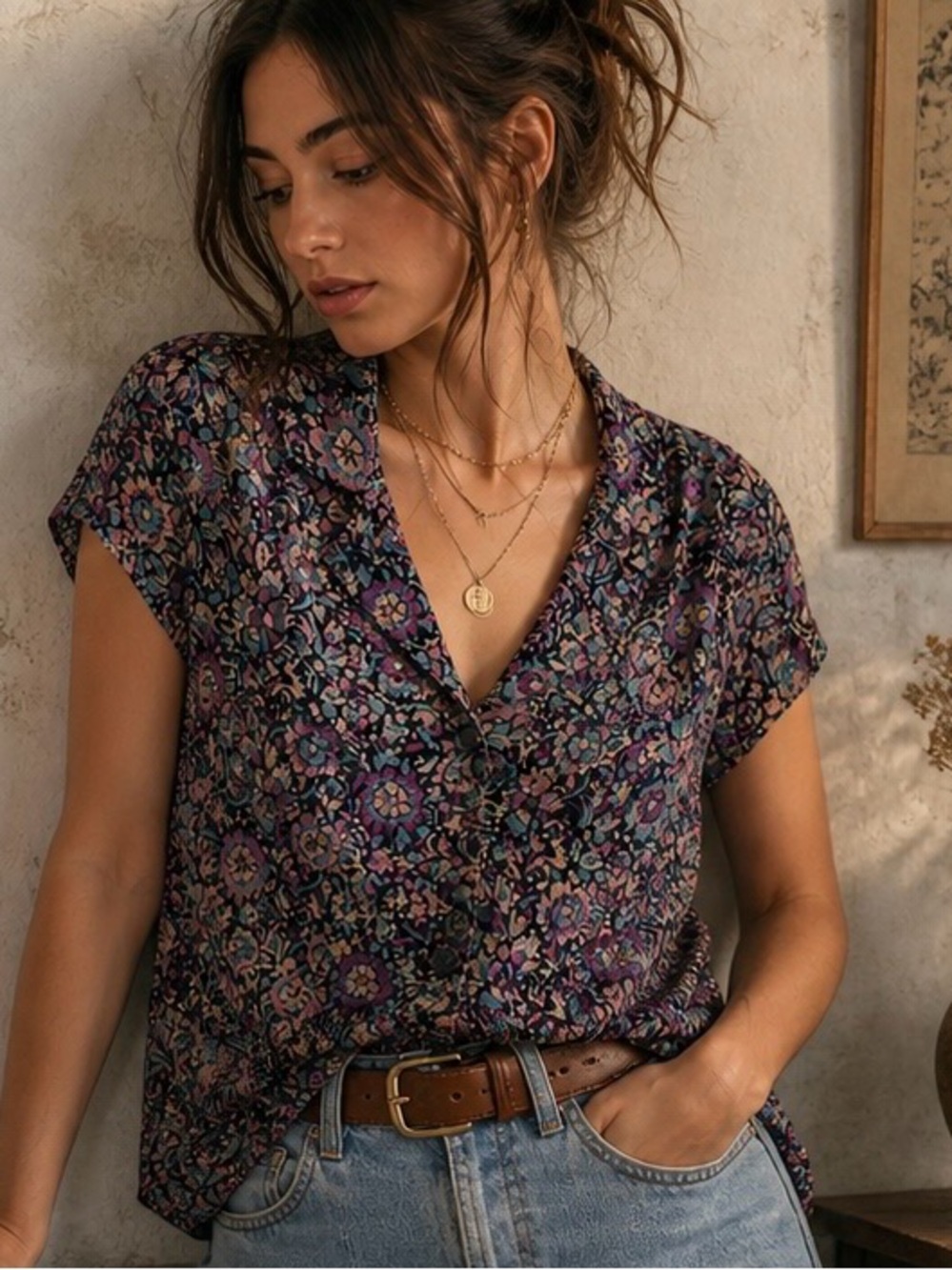 Moody Floral Chiffon Blouse 90s Soft Grunge Anthropologie Style Romantic Boho